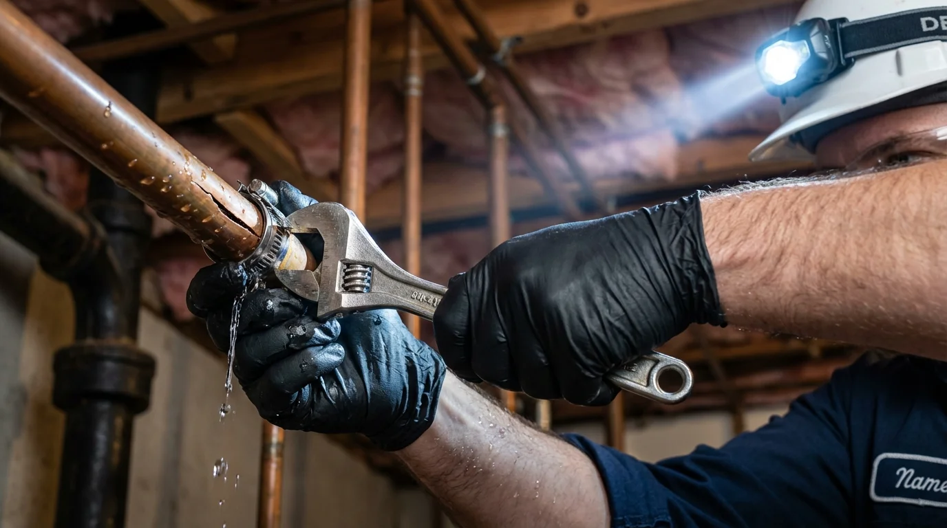 Emergency pipe clamp repair being performed by a Johns Plumbing LLC plumber in Ainsworth